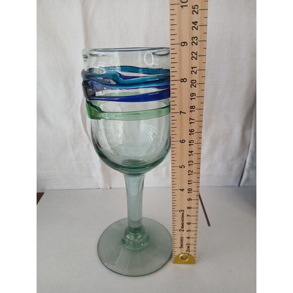Mexico Hand Blown Blue Green Rings Wine Water Goblet Wine Glass Heavy Unique - Picture 5 of 5